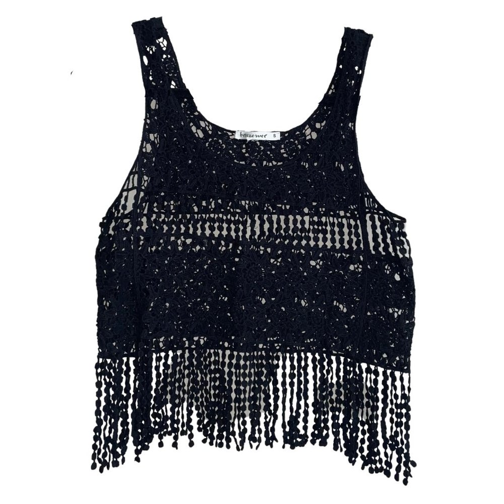 🏖️ NWOT Black Crochet Cropped Beach Cover ⛱️